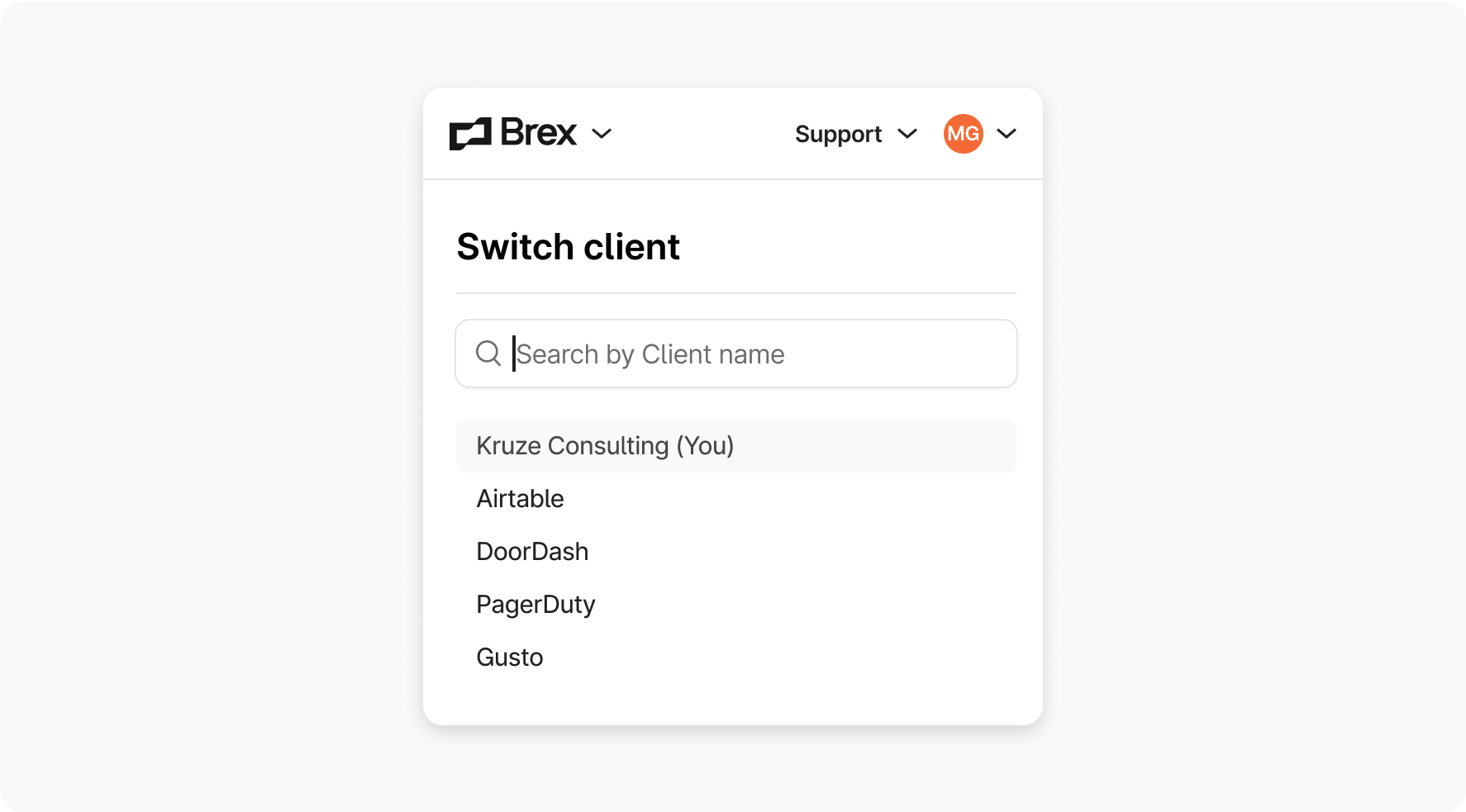 Brex dashboard of switching clients