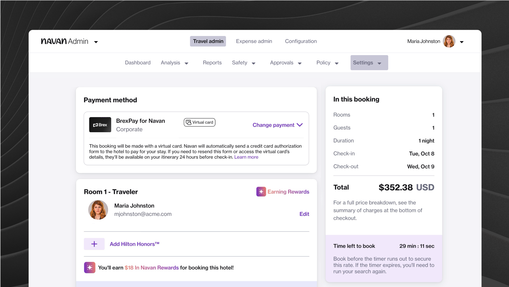 Dashboard screen of Navan's software