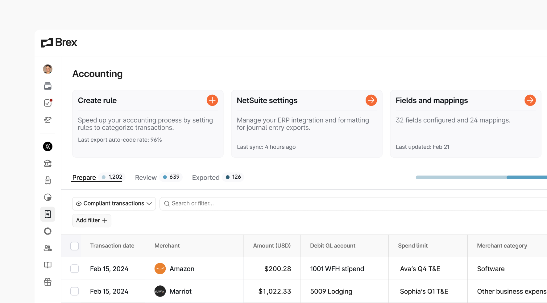 Dashboard view of Brex accounting