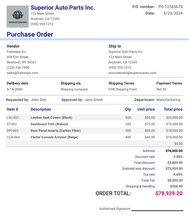 A standard purchase order from Freeways Inc. to Superior Auto Parts.