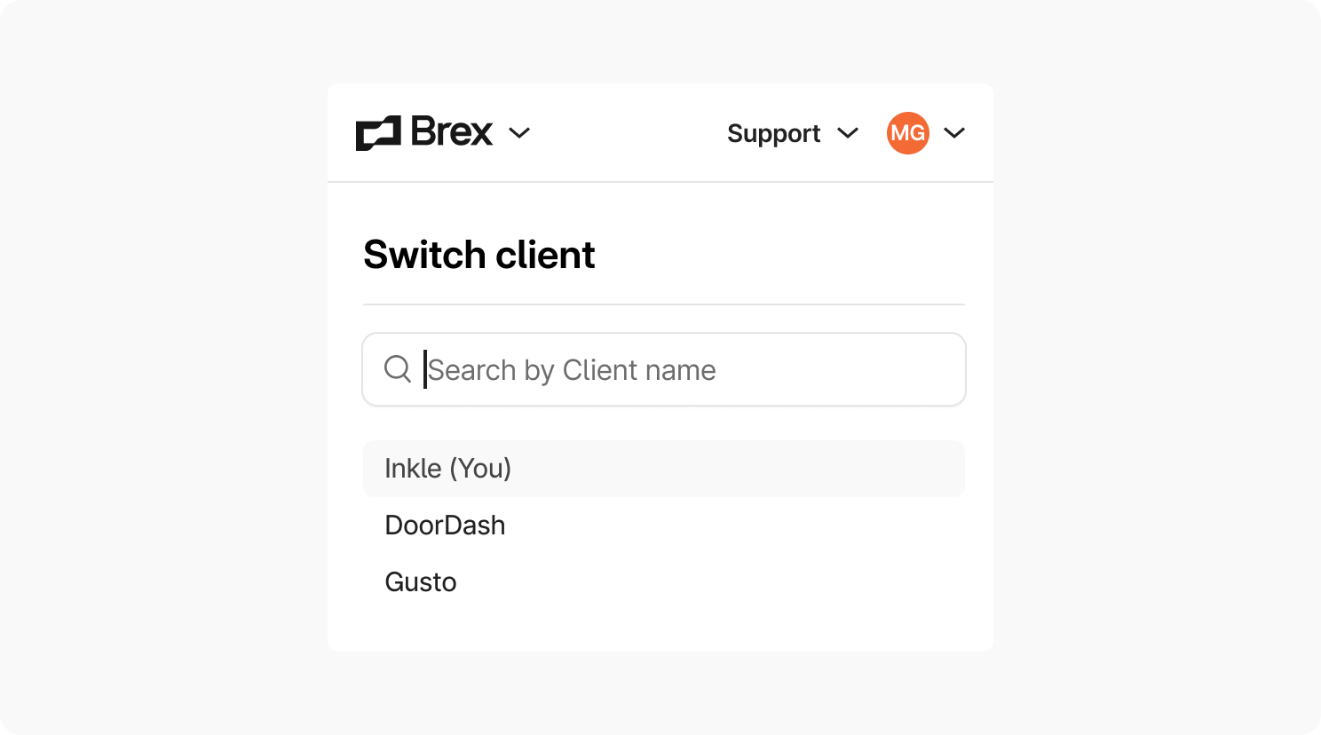 UI of a search bar and list of clients